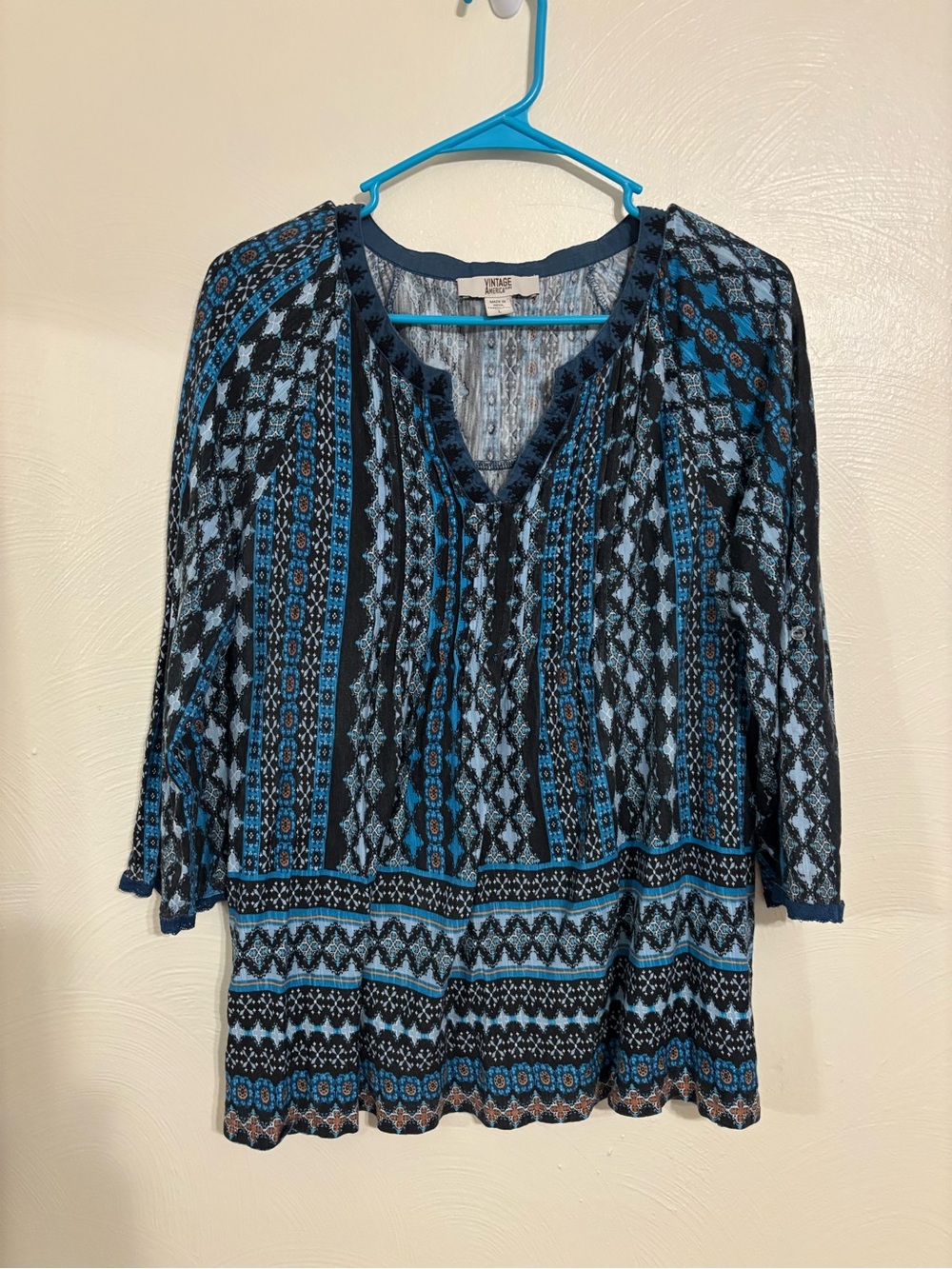 Vintage America Blues Women’s Large Boho Blue Black Printed Tunic Top 3/4 Sleeve